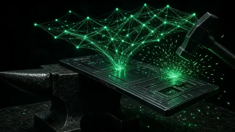 AI network forging a website layout on an anvil, illustrating AI-assisted web design