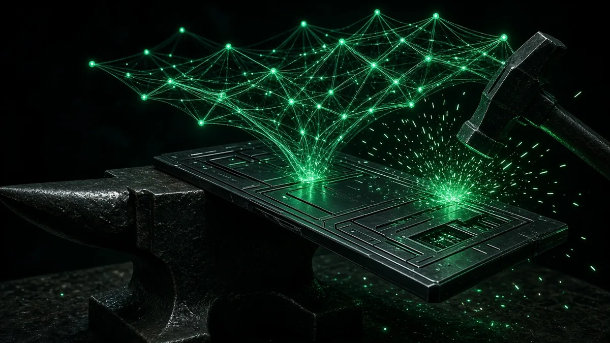 AI network forging a website layout on an anvil, illustrating AI-assisted web design