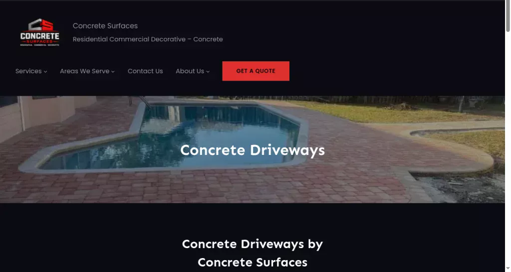 Concrete Surfaces concrete driveways service page with pool deck and paver driveway