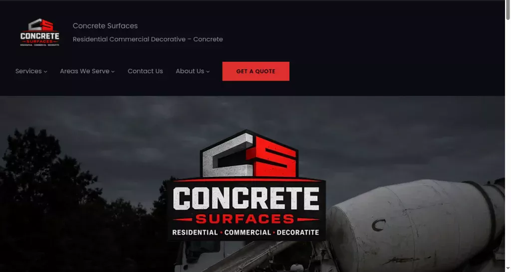 Concrete Surfaces homepage with concrete mixer truck and company logo