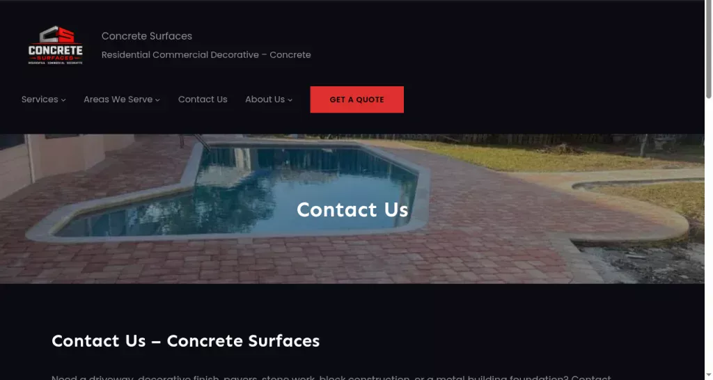 Concrete Surfaces quote form page showing the contact and estimate form